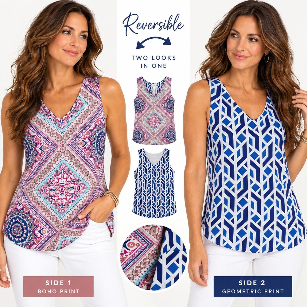 Chico's Reversible Sleeveless Top Size 2 Large NWT Boho Artsy Geometric Print